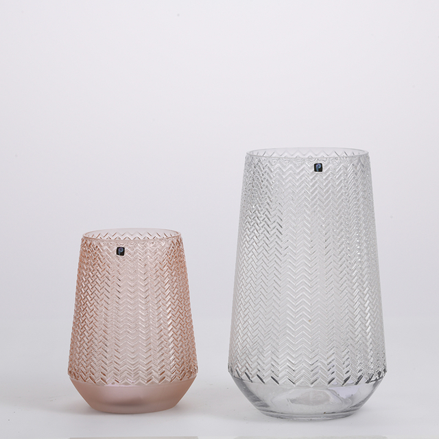 Hot selling pink floral cylinder design tall and thin waist heavy duty glass flower decorative vase factory directly supply