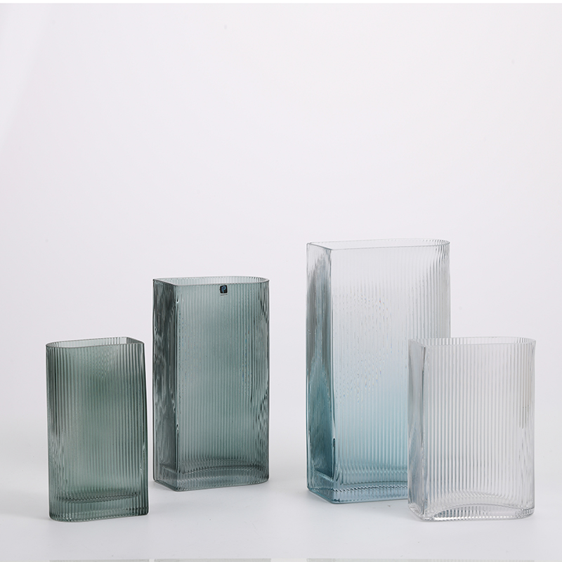 High quality glassware heavy duty customized colored vertical strip design decorative glass flower vase Chinese manufacture